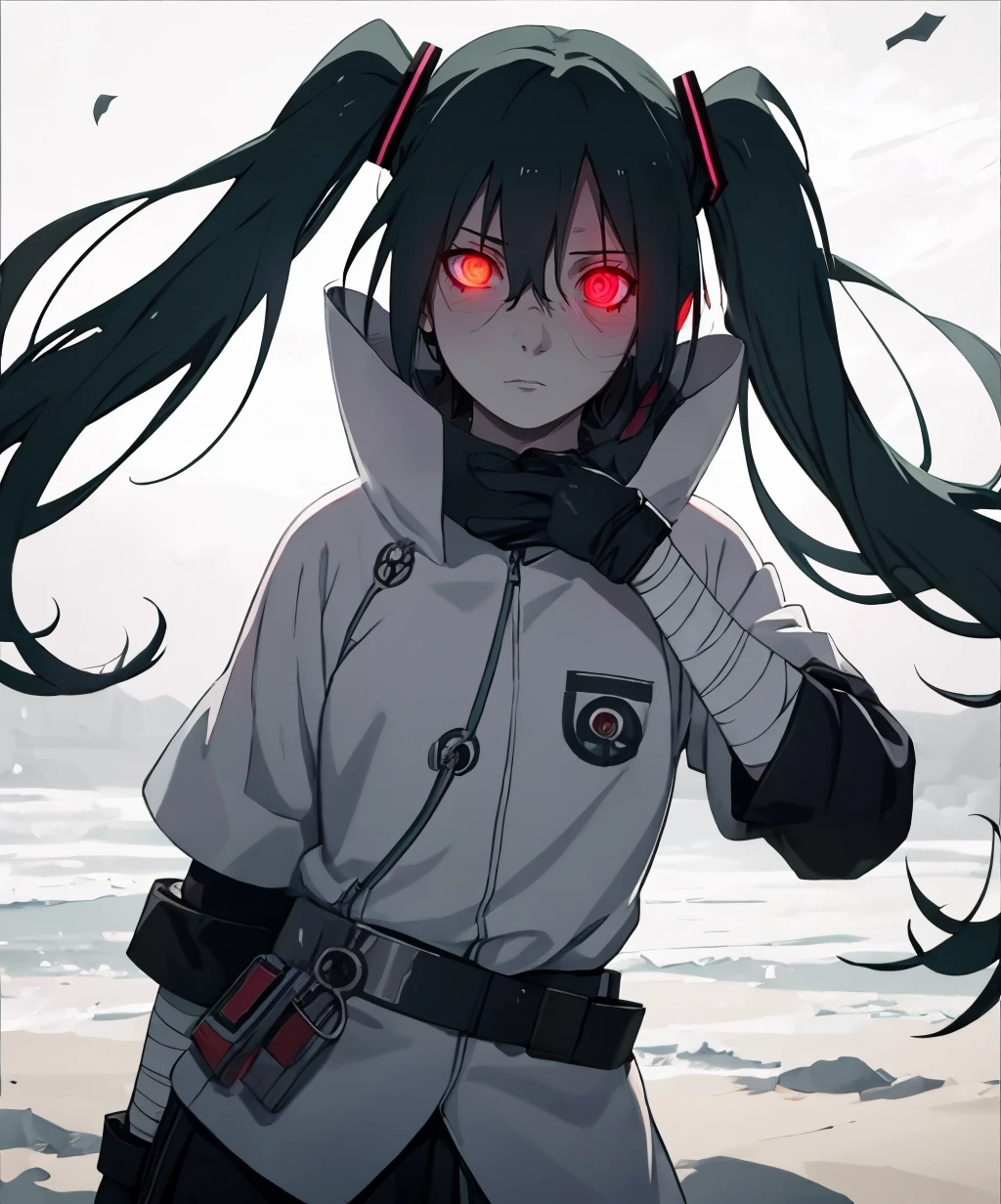 uchiha,1girl,hatsune miku,black hair,headband,glowing,glowing eyes,glowing eye,(forehead protector:1.1),konohagakure symbol,symbol-shaped pupils,sheath,high collar,bandages,pale skin,black gloves,expressionless,solo,cowboy shot,<lora:uchiha_style-10:1.5>,