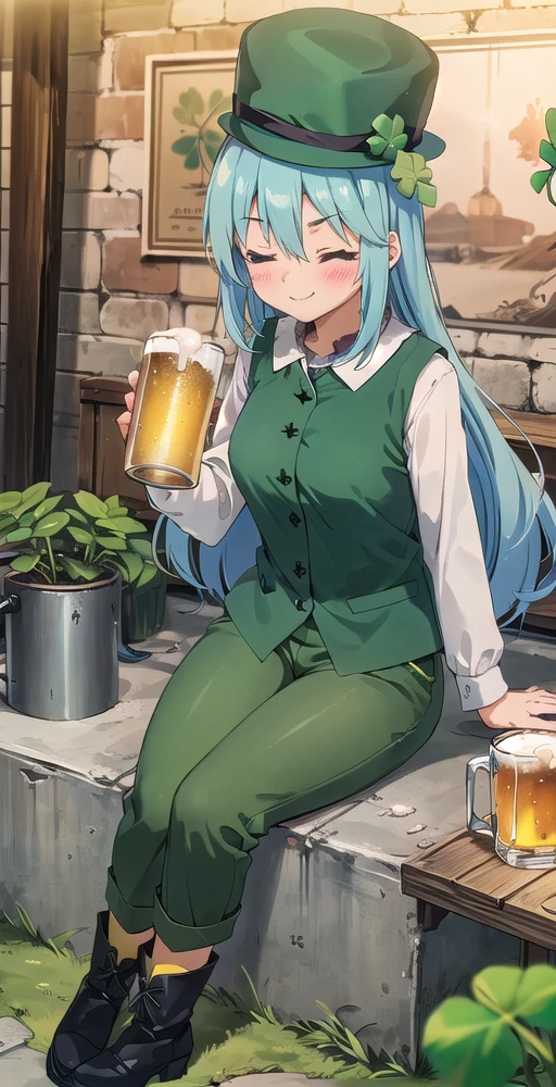 AquaV2, 1girl, solo, wavy smile, (green leprechaun suit), (leprechaun hat), green pants, black boots, four leaf clovers, st patricks day, sitting, drinking beer mug, drunk, blush, eyes closed, perfect quality, good quality, masterpiece, HDR, UHD <lora:Aqua V2-000003:0.6>