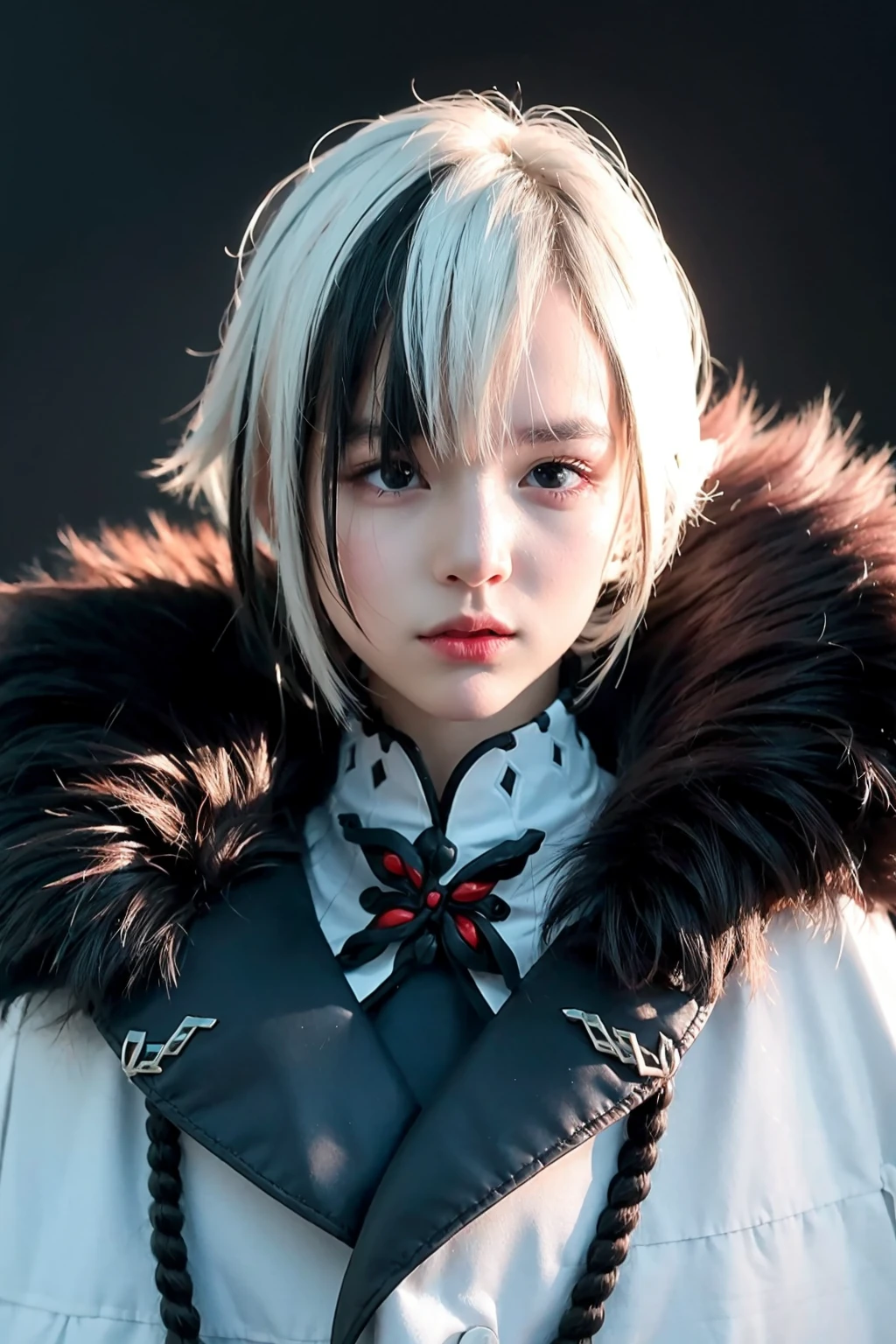 masterpiece, best quality, 8K,realistic, HDR,(photoshop \(medium\)1.4),<lora:arlecchino:1>,30yo,arlecchino \(genshin impact\), 1girl, x-shaped pupils, solo, multicolored hair, black hair, fur trim, symbol-shaped pupils, black eyes, short hair, white hair, hair between eyes, red pupils, fur-trimmed coat, coat, streaked hair, bangs, upper body, white background, closed mouth, looking at viewer, two-tone hair