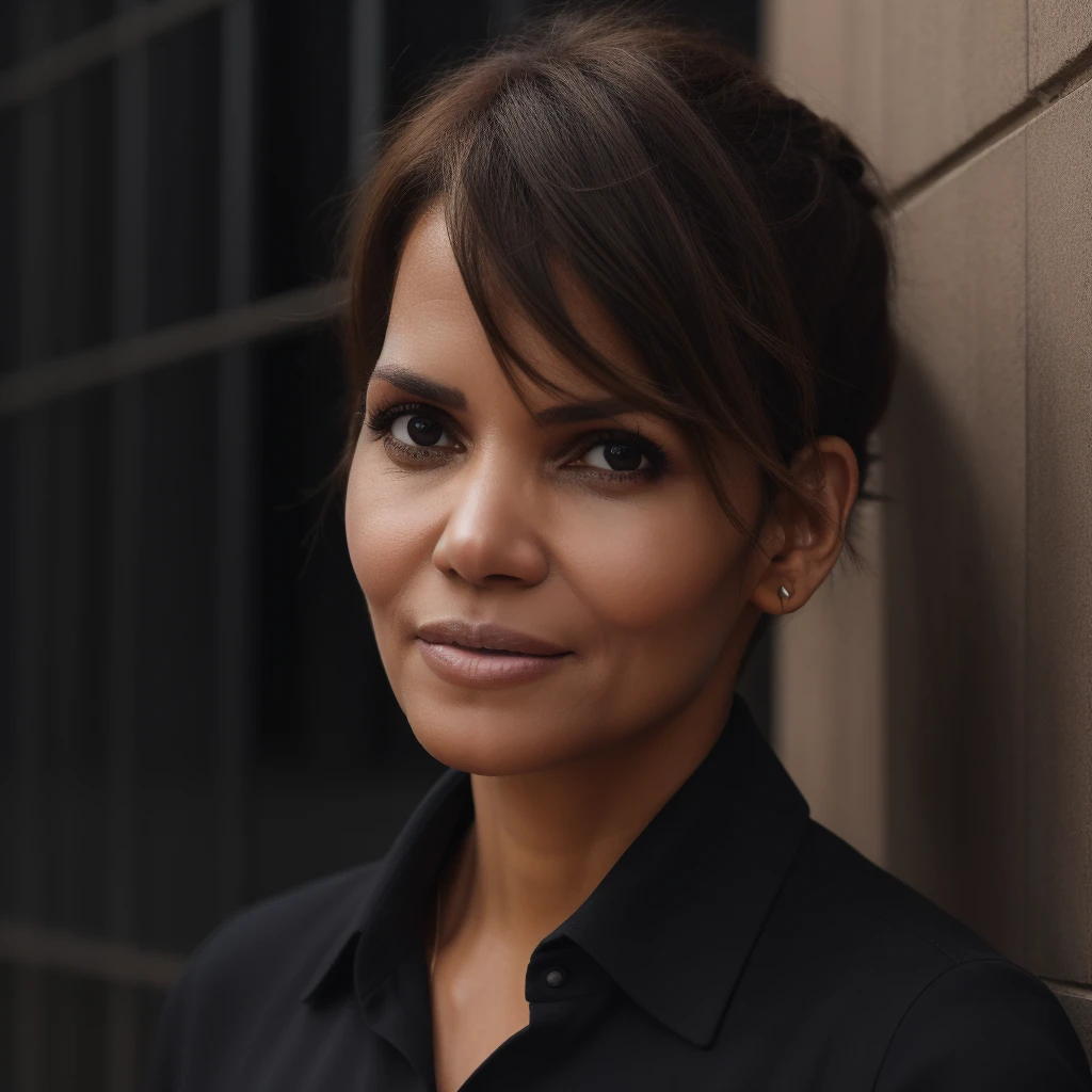 Best_QualityPos, RAW photo, intricate details, best quality, 8k uhd, soft lighting, 1girl, solo, halle berry, brown eyes, black hair, short hair, dark skin, black collared shirt <lora:Halle_Berry:0.5> <lora:backlight_slider_v10:-0.5>