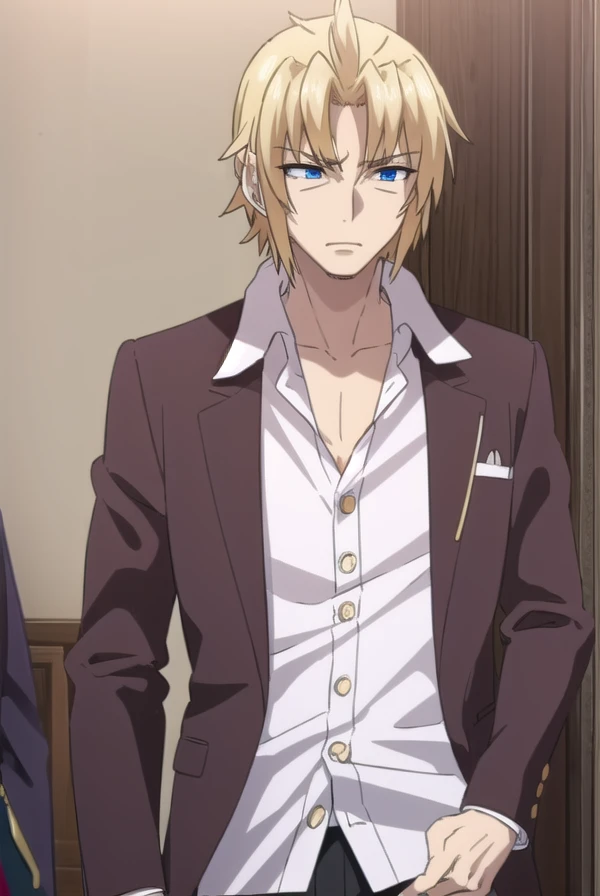 riserphenex, <lora:riser phenex s1-lora-nochekaiser:1>,
riser phenex, blonde hair, closed eyes, male focus, blue eyes, (parted bangs:1.5),
BREAK shirt, white shirt, collar shirt, high collar, blazer, red blazer, pants, red pants,
BREAK indoors,
BREAK looking at viewer, (cowboy shot:1.5),
BREAK <lyco:GoodHands-beta2:1>, (masterpiece:1.2), best quality, high resolution, unity 8k wallpaper, (illustration:0.8), (beautiful detailed eyes:1.6), extremely detailed face, perfect lighting, extremely detailed CG, (perfect hands, perfect anatomy),