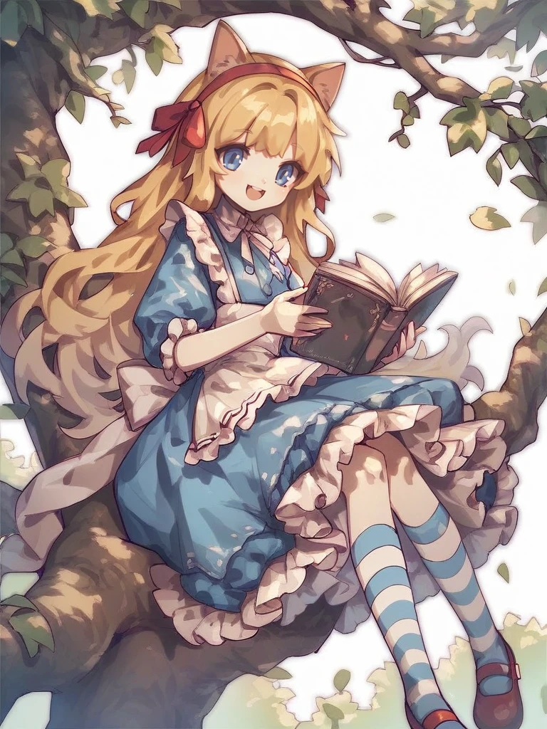 <lora:Neoki-PonyXL-1024px:0.8>
score_5_up, score_6_up, score_7_up, score_8_up, score_9_up,
1girl, solo, sitting under a tree, holding, reading a book, wearing (blue dress, white frilly apron, striped sock, mary janes), short puffy sleeves, long blonde hair, red hairband, cat_ears, smile, open mouth