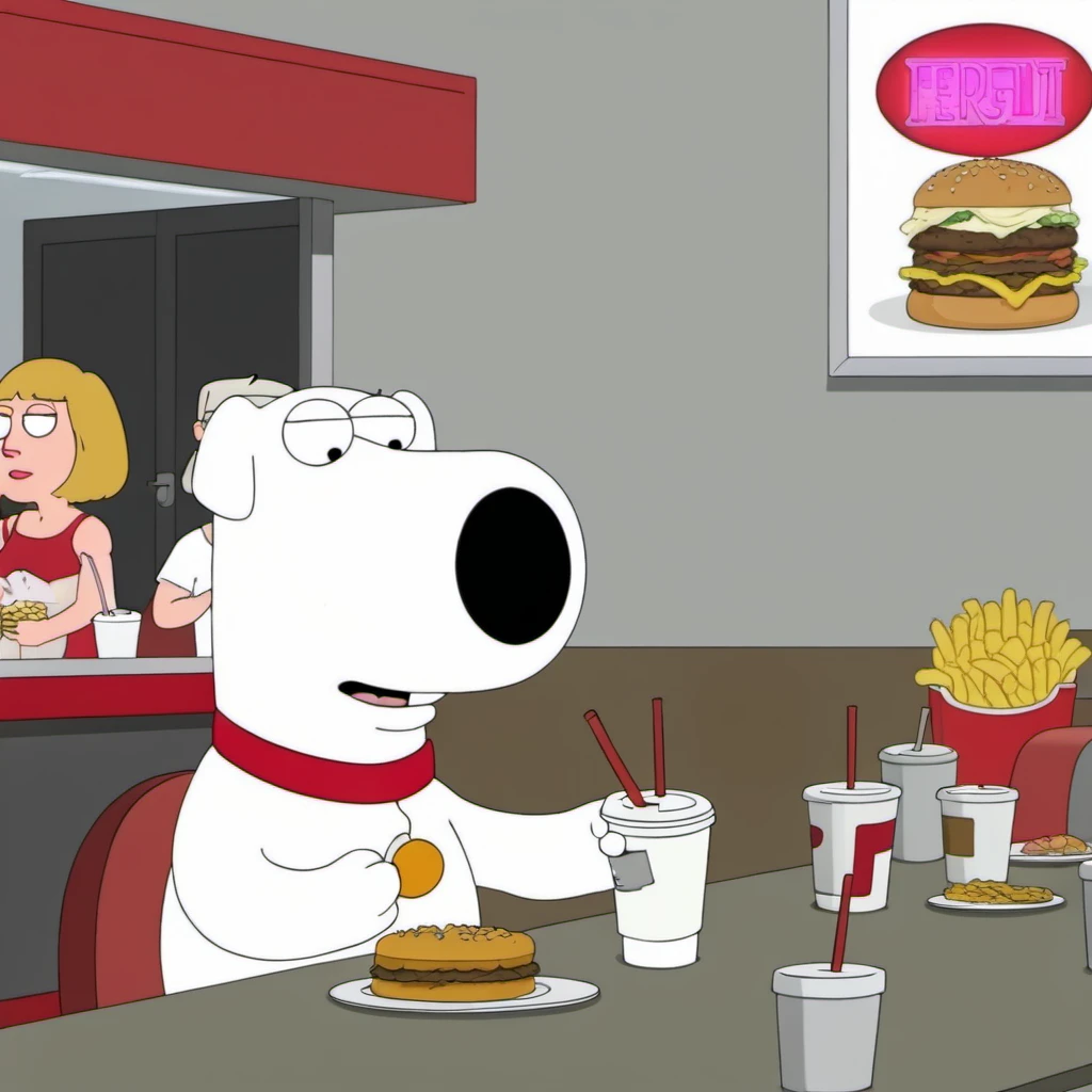 a brian griffin eating in a fastfood <lora:Brian1024:0.8>