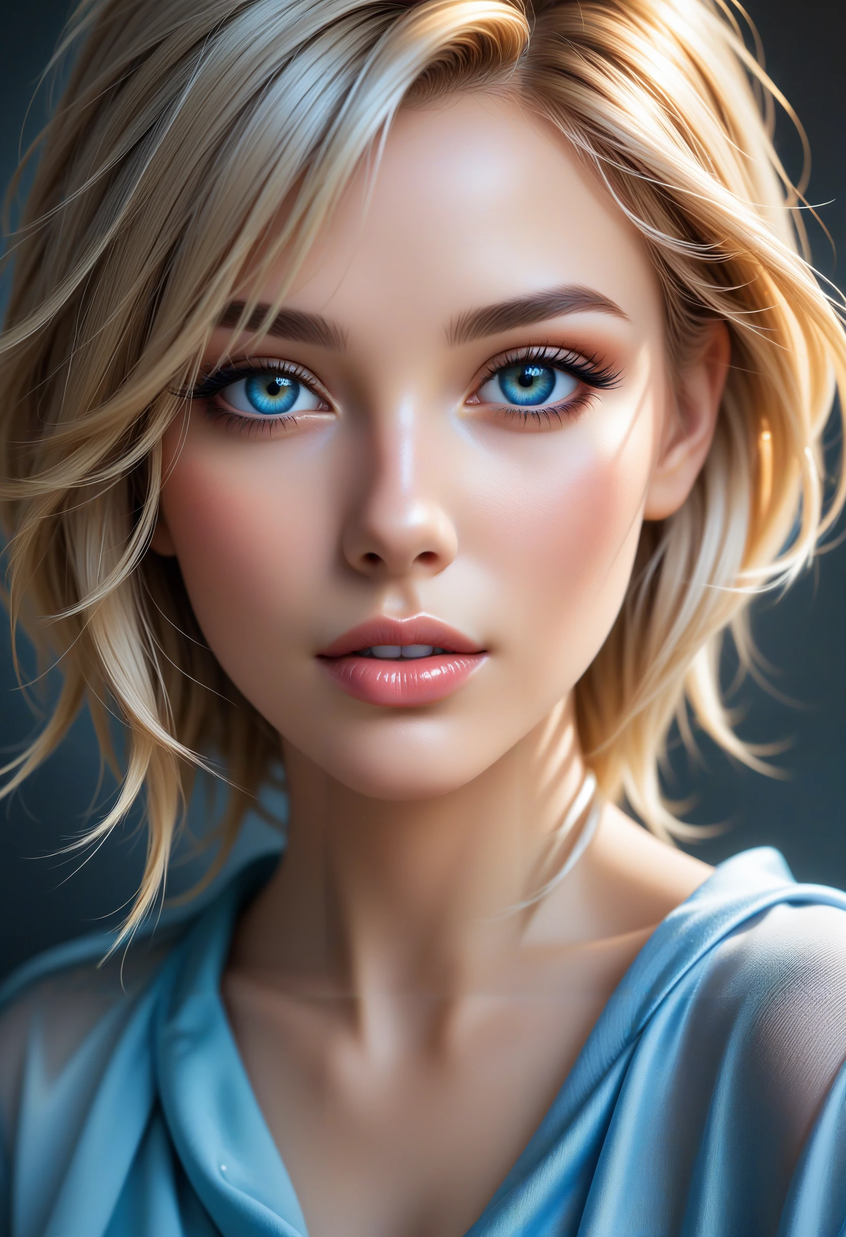 anime artwork soft portrait of a beautiful scandinavian woman, face close-up, smooth hair elegantly draped around her neck, fullness of her lips, light blue t-shirt, dynamic pose, leaning against a wall, lighting accentuating her natural beauty, incredible nuance and attention to detail, style of Jovana Rikalo, style of Daniela Uhlig, style of Tyler Shields, . anime style, key visual, vibrant, studio anime, highly detailed