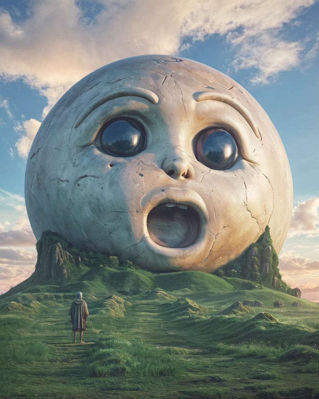 Beeple style, digital art, ancient stone statue of a crying face emoji made of stone, grass covered rolling hills, cloudy blue sky sunset, meticulous detail