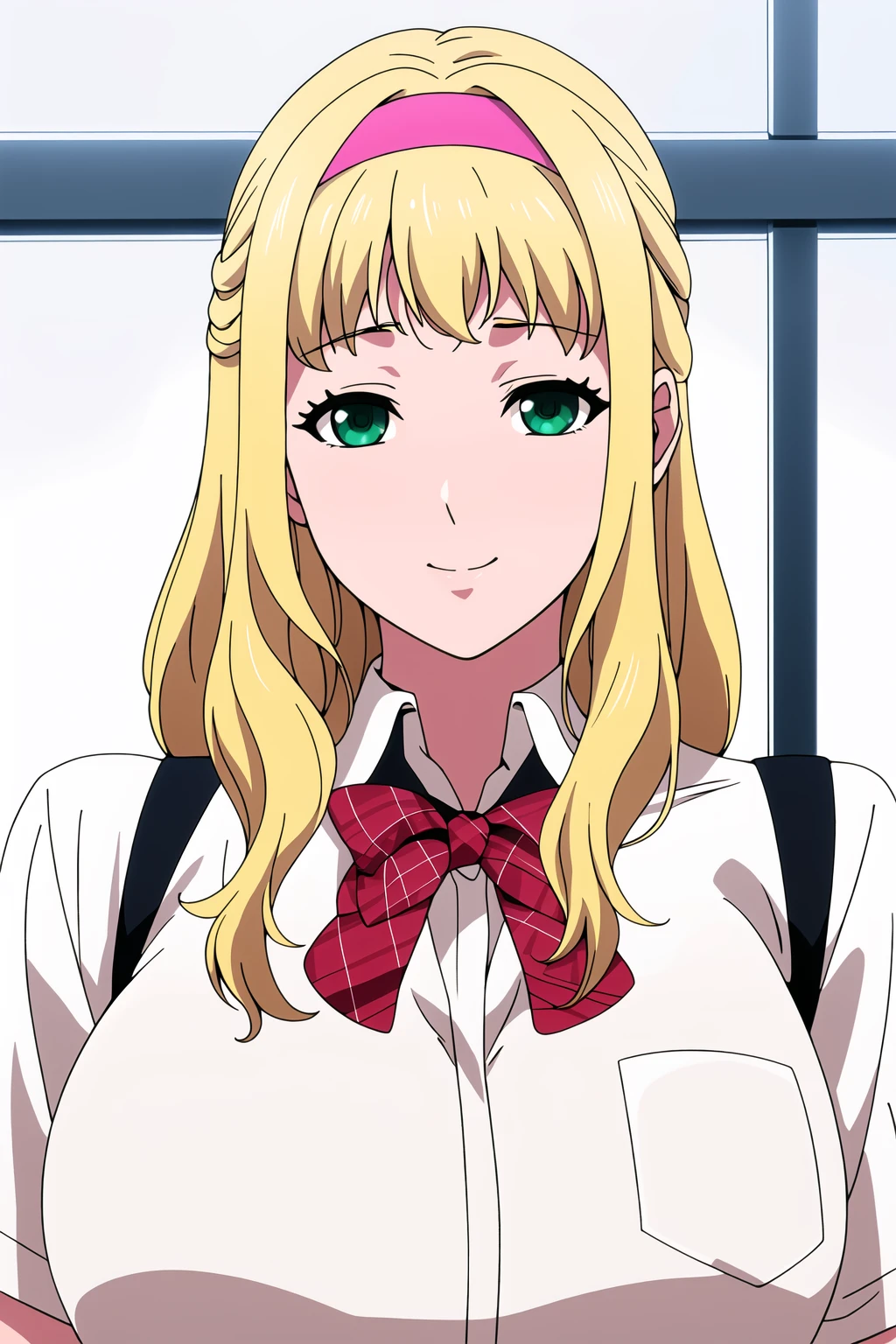 Simple White Background,
dynamic pose,standing at attention,
white shirt,red skirt, school uniform, shirt, short sleeves,pleated skirt, red bow, plaid bowtie, plaid neckwear,suspenders,
<lora:Natsu_Ichijo_WorldEnd-KK77-V1:0.7>,
Green eyes,blonde hair, bangs,long hair,pink headband, 
<lora:Oda_Non_Style-KK77-V2:0.3>,<lora:more_details:0.1>,
1 girl, 20yo,Young female,Beautiful long legs,Beautiful body,
Beautiful Nose,Beautiful character design, perfect eyes, perfect face,expressive eyes,perfect balance,
looking at viewer,(Focus on her face),closed mouth, (innocent_big_eyes:1.0),(Light_Smile:0.3),
official art,extremely detailed CG unity 8k wallpaper, perfect lighting,Colorful, Bright_Front_face_Lighting,White skin,
(masterpiece:1.0),(best_quality:1.0), ultra high res,4K,ultra-detailed,
photography, 8K, HDR, highres, absurdres:1.2, Kodak portra 400, film grain, blurry background, bokeh:1.2, lens flare, (vibrant_color:1.2),professional photograph,
(Beautiful,large_Breasts:1.4), (beautiful_face:1.5),(narrow_waist),