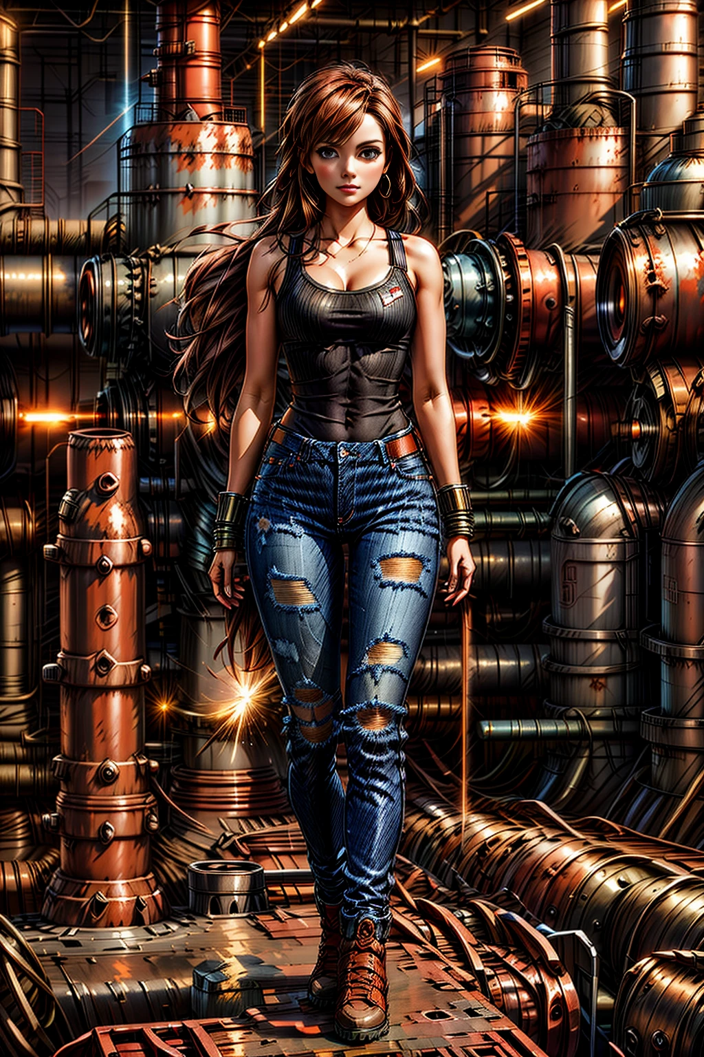 <lora:MetalRustyWorld:1> MetalRustyWorld 1woman (jeans:1.2) in a metal factory  <lora:more_details:1>