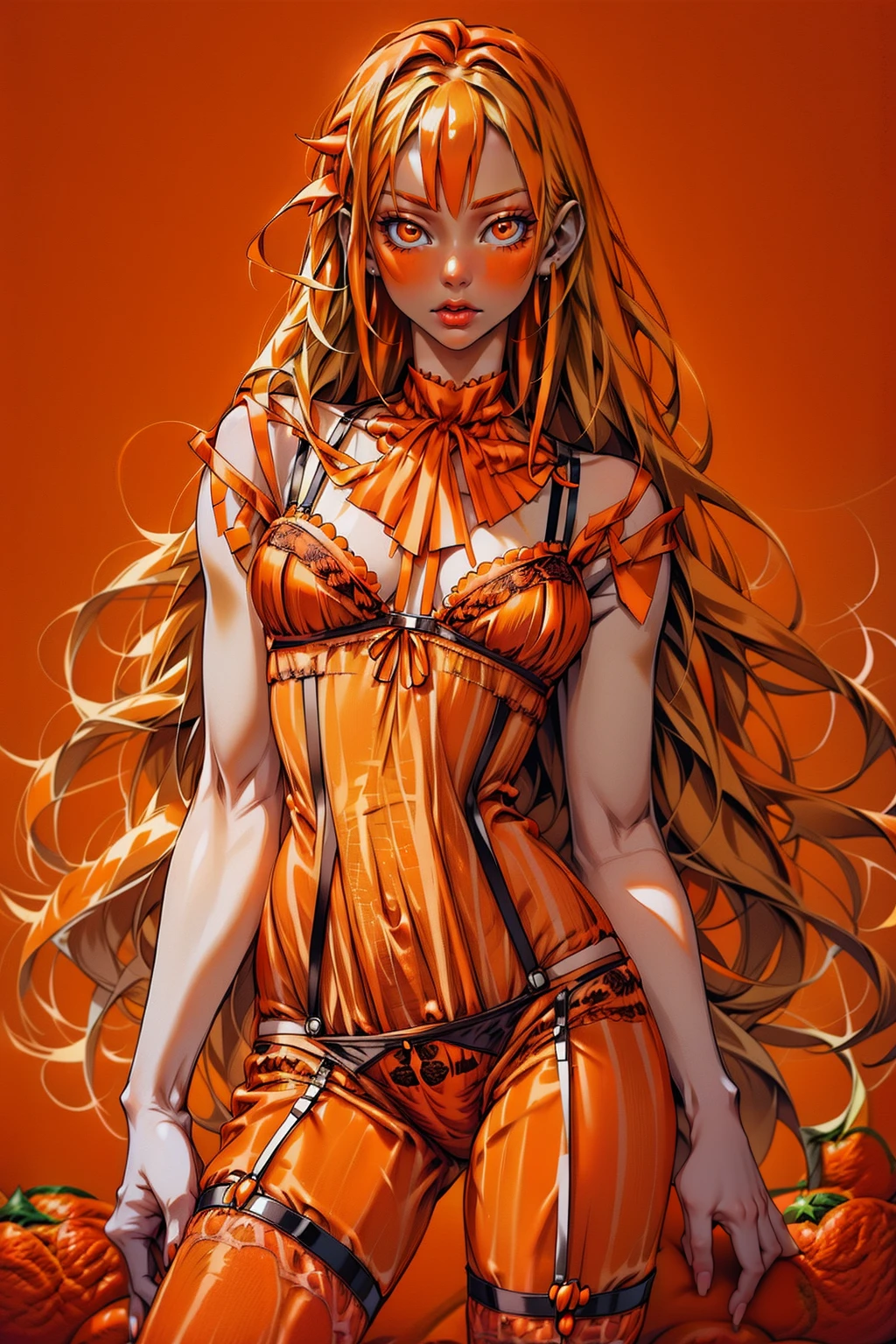 <lora:OrangeWorld:1.4> (OrangeWorld:1.1)  (long blonde hair:1.3) (slim and sexy:1.2) (orange sillk lingerie :1.5)