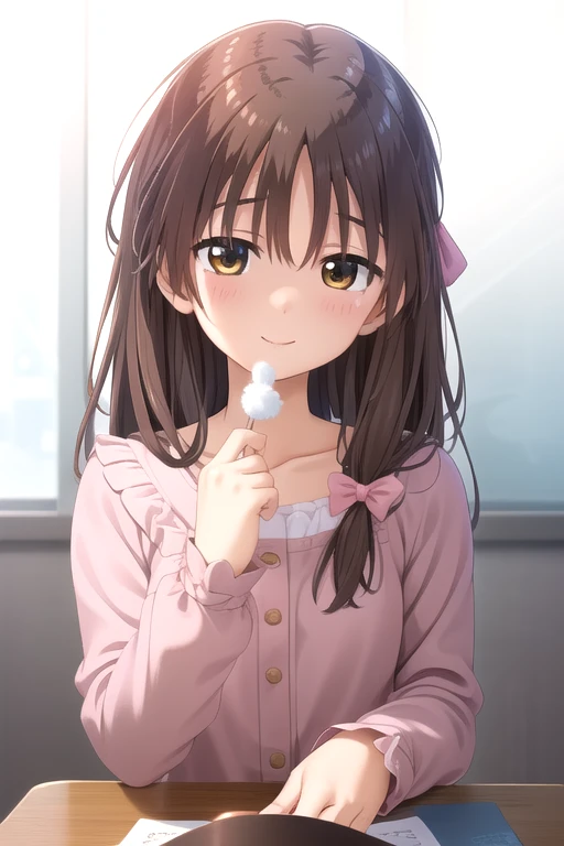 ((masterpiece)),(best quality),official art,extremely detailed CG,unity 8k wallpaper,ultra detailed,beautiful detailed eyes,extremely detailed face,classroom,1girl,solo,upper body,(portrait:1.5),looking at viewer,facing viewer,smile,Onami Sumi,brown hair,long hair,hair bow,hair ribbon,sidelocks,bangs,brown eyes,collarbone,collared dress,pink dress,long sleeves,small breasts,bare legs,white socks,frilled socks,bobby socks,black footwear,<lora:Onami Sumi(oazgs)>,