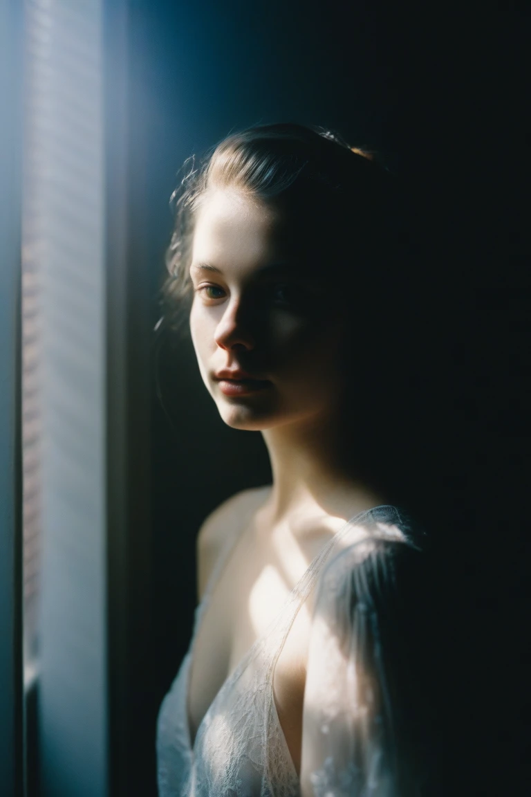 masterpiece of analog film boudoir photography,dark room,a 20yo girl looking at viewer,the sunlight streams through,illuminating her gentle face,<lora:HideakiHamadaStyle:1>,