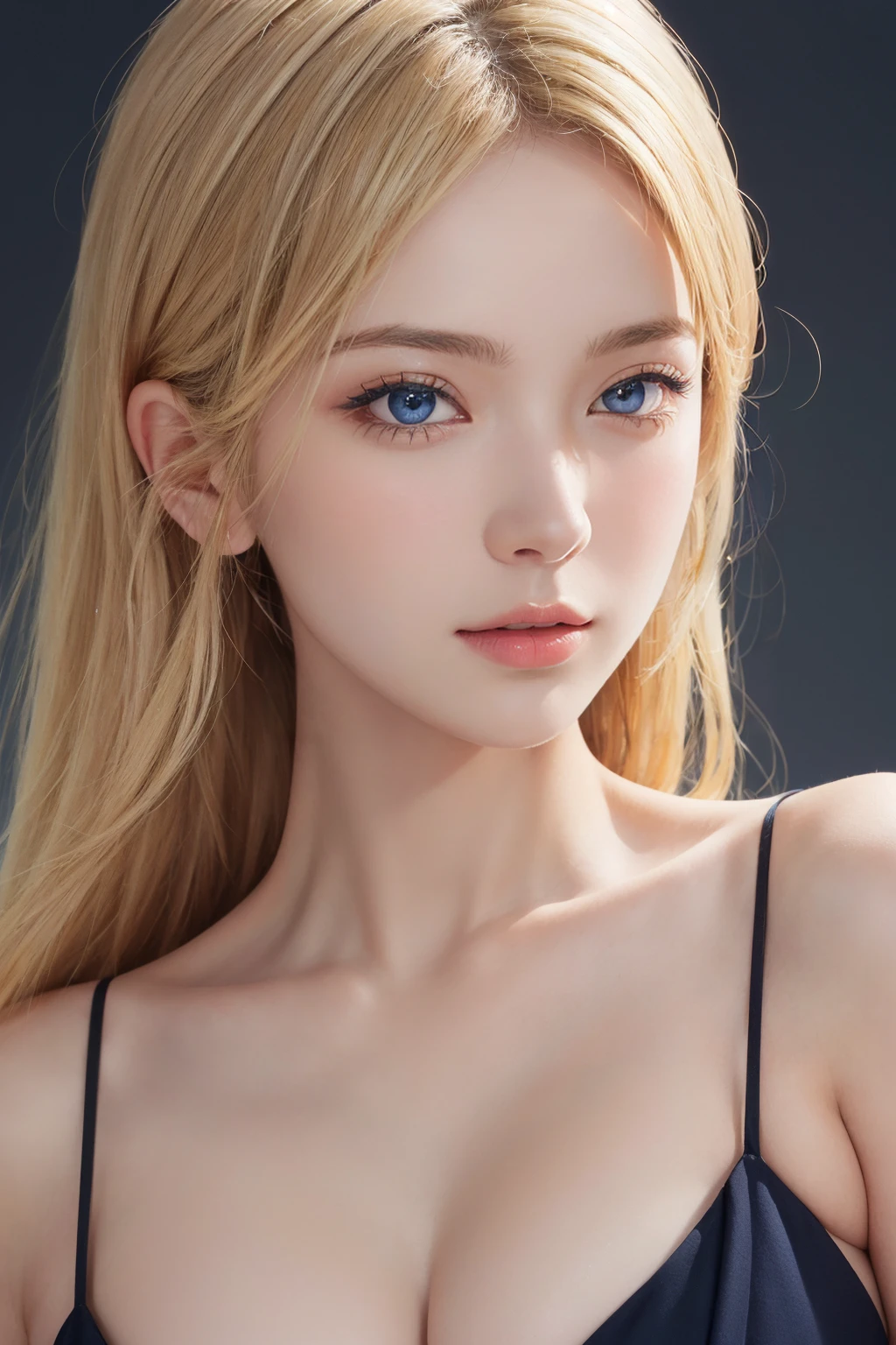 1girl, (close up:1.2), oblique angle, canted angle, (best quality, masterpiece, illustration, photorealistic, photo-realistic), (realistic:1.4), RAW photo, ultra-detailed, CG, unity, 8k wallpaper,16k wallpaper, extremely detailed CG, extremely detailed, an extremely delicate and beautiful, extremely detailed, Amazing, finely detail, official art, High quality texture, incredibly absurdres, highres, huge filesize, highres, look at viewer, (young:1.4), (beautiful detailed girl), 18 years old girl, (glossy shiny skin, beautiful skin, fair skin, white skin, realistic_skin), ((shiny blonde hair)), perfect face, detailed beautiful face, detailed Indigo eyes, glossy lips,