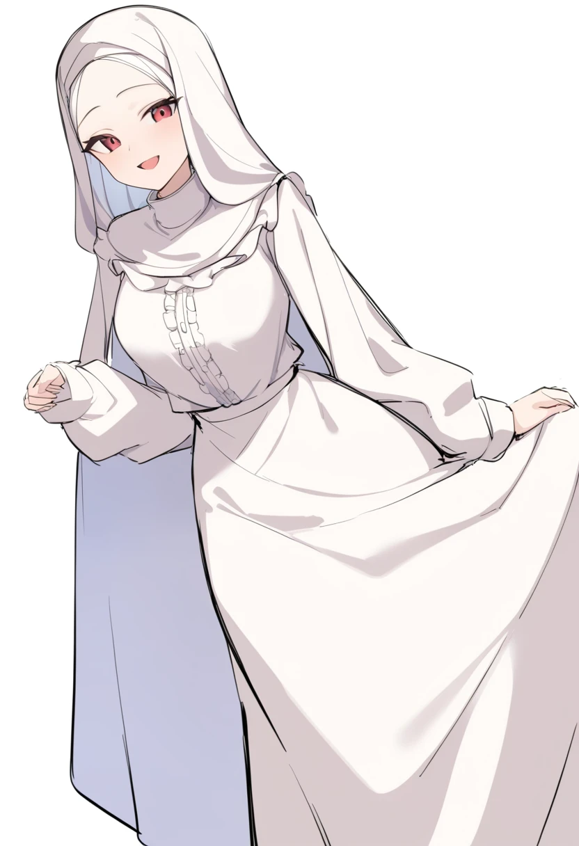 1girl, solo,
hijab, red eyes, white dress, forehead, long sleeves, muslim, open mouth, smile, frills, oversized clothes, long skirt,
white background, sketch,
masterpiece, best quality, very aesthetic, absurdres,