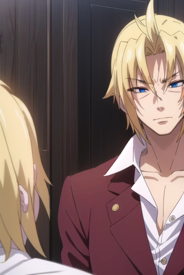 riserphenex, <lora:riser phenex s1-lora-nochekaiser:1>,
riser phenex, blonde hair, closed eyes, male focus, blue eyes, (parted bangs:1.5),
BREAK shirt, white shirt, collar shirt, high collar, blazer, red blazer, pants, red pants,
BREAK indoors,
BREAK looking at viewer, (cowboy shot:1.5),
BREAK <lyco:GoodHands-beta2:1>, (masterpiece:1.2), best quality, high resolution, unity 8k wallpaper, (illustration:0.8), (beautiful detailed eyes:1.6), extremely detailed face, perfect lighting, extremely detailed CG, (perfect hands, perfect anatomy),