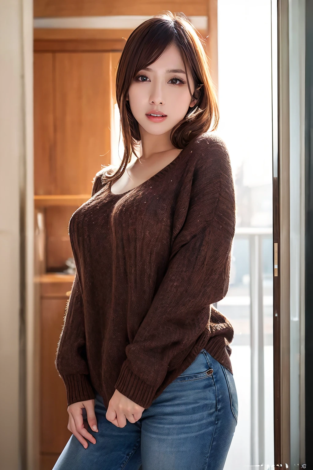 1girl, erikakitagawa_jav, breasts, brown hair, long hair, brown eyes,  <lora:JAV_erika_kitagawa_v1-000005:0.8>
dynamite lighting, attractive body, looking at viewer, from front, wearing sweater, pants,
detailed face, detailed body, perfect human body,
(ultimate quality, masterpiece, highres:1.0), (photorealistic, realistic:1.9),