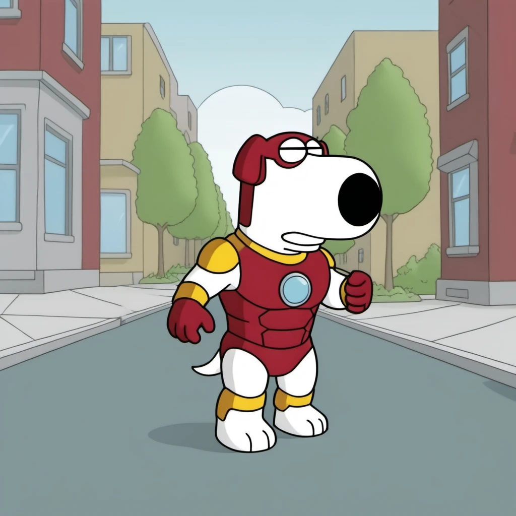 a cartoon dog as ironman, in the street <lora:Brian1024:0.8>