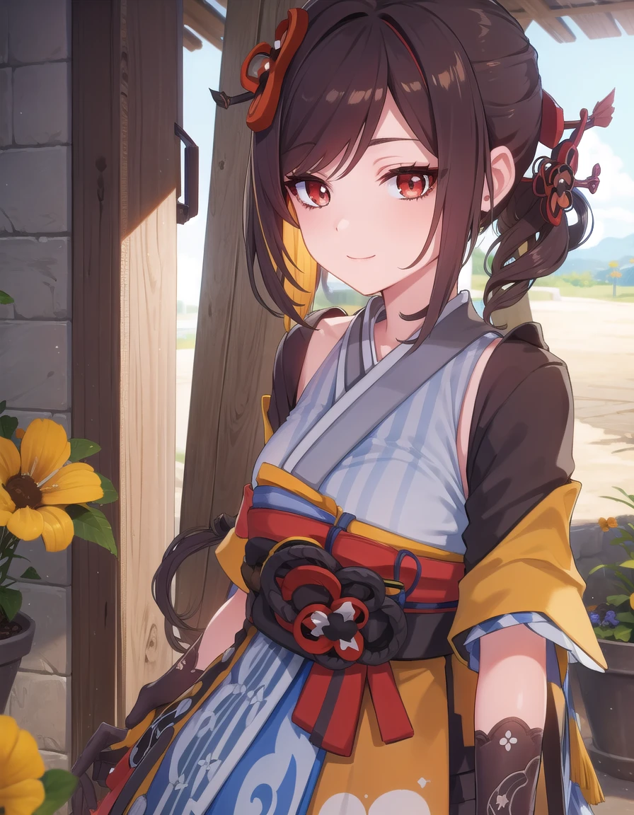 genshinchiori, <lora:genshin chiori ingamebooru-lora-nochekaiser:1>,
chiori, brown hair, hair ornament, (red eyes:1.3), flower, hair flower, smile,
BREAK gloves, japanese clothes, sash, obi,
BREAK outdoors,
BREAK looking at viewer, (cowboy shot:1.5),
BREAK <lyco:GoodHands-beta2:1>, (masterpiece:1.2), best quality, high resolution, unity 8k wallpaper, (illustration:0.8), (beautiful detailed eyes:1.6), extremely detailed face, perfect lighting, extremely detailed CG, (perfect hands, perfect anatomy),