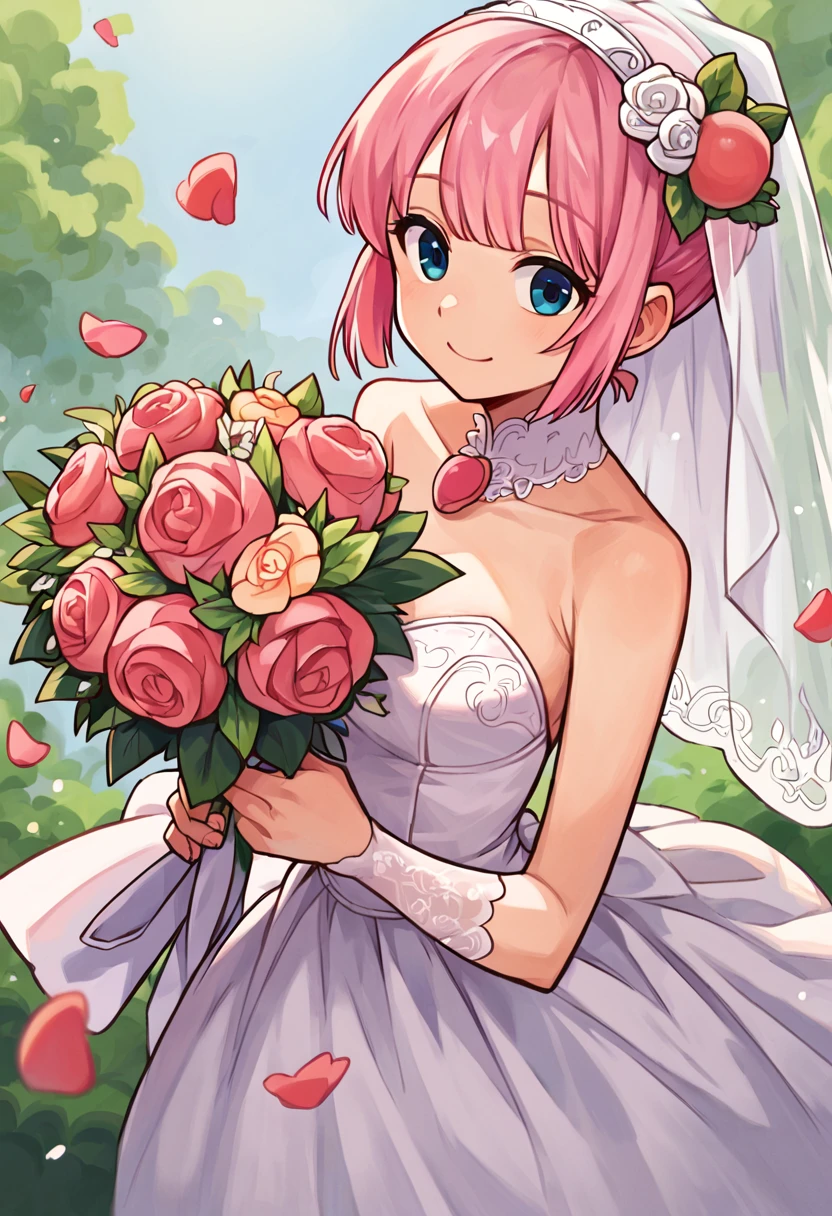 score_9, score_8_up, score_7_up, score_6_up, momornd, bridal_veil,wedding_dress,bouquet,light_smile,short_hair,pink_hair,blunt_bangs,peach,blue_eyes, <lora:chiyoda-momo_v1:1>