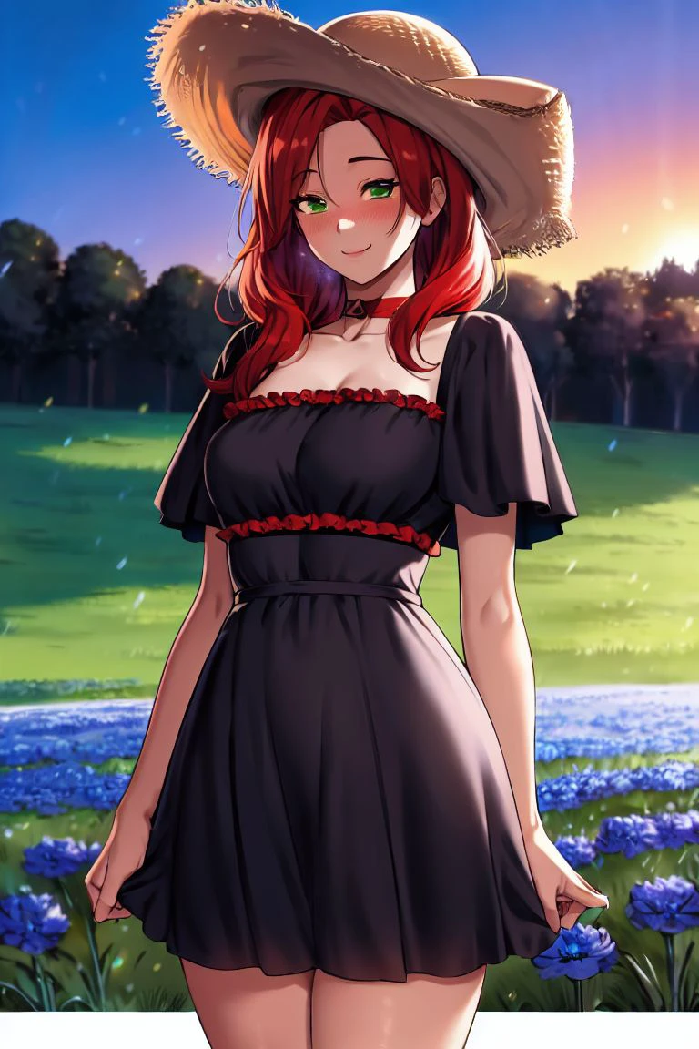 masterpiece, <lora:furiouzly-49:1>
furiouzly,  solo, 1grl,  cowboy shot,black dress,frills, frilled dress, straw hat, blue flowers,flower field, sunset, outdoors, detailed background, smile, red hair, green eyes, blush, choker