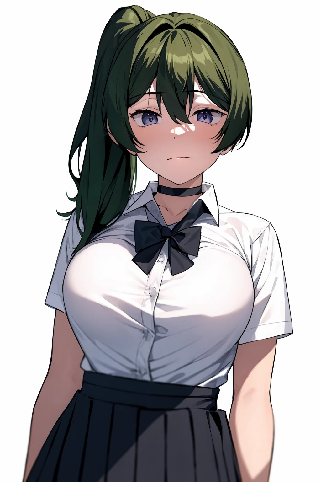 masterpiece,best quality, <lora:ubel:1>,1girl, green hair, solo, clothes around waist, skirt, white background, shirt, school uniform, breasts, choker, bow, black skirt, jitome, collared shirt, simple background, white shirt, pleated skirt, bowtie, sweater around waist, large breasts, ponytail, medium hair, black choker