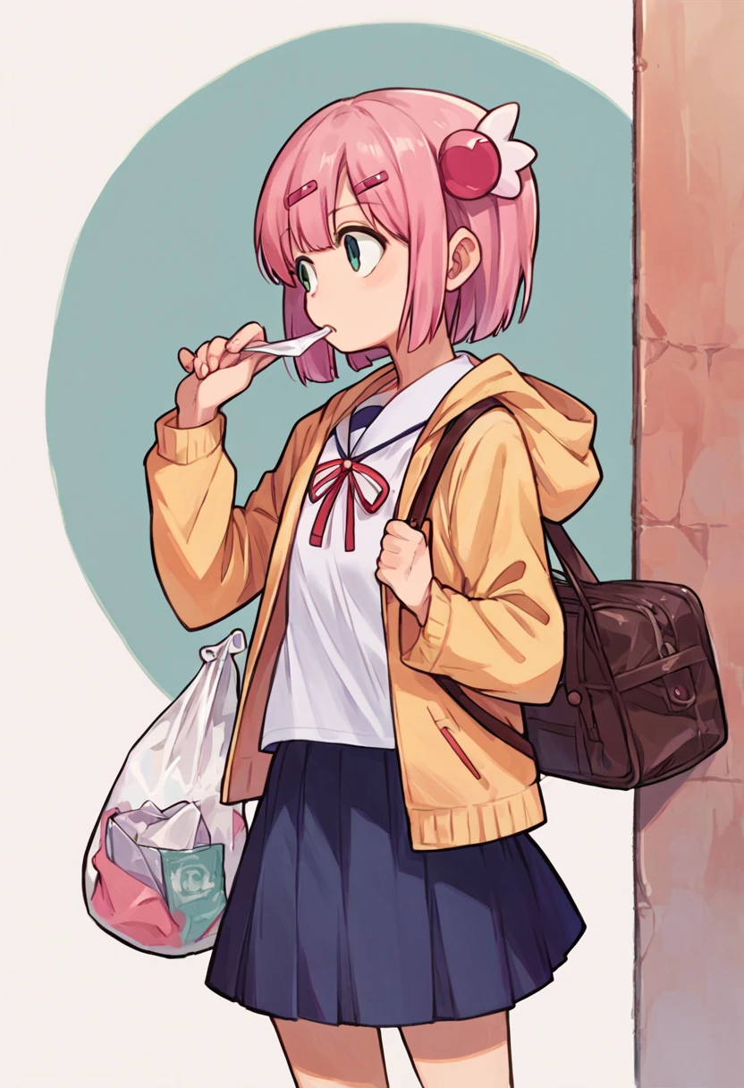 score_9, score_8_up, score_7_up, score_6_up, momoschool,1girl,bag,hair_ornament,hairclip,jacket,otakubotti,pink_hair,plastic_bag,school_uniform,short_hair,simple_background,skirt,white_background, <lora:chiyoda-momo_v1:1>