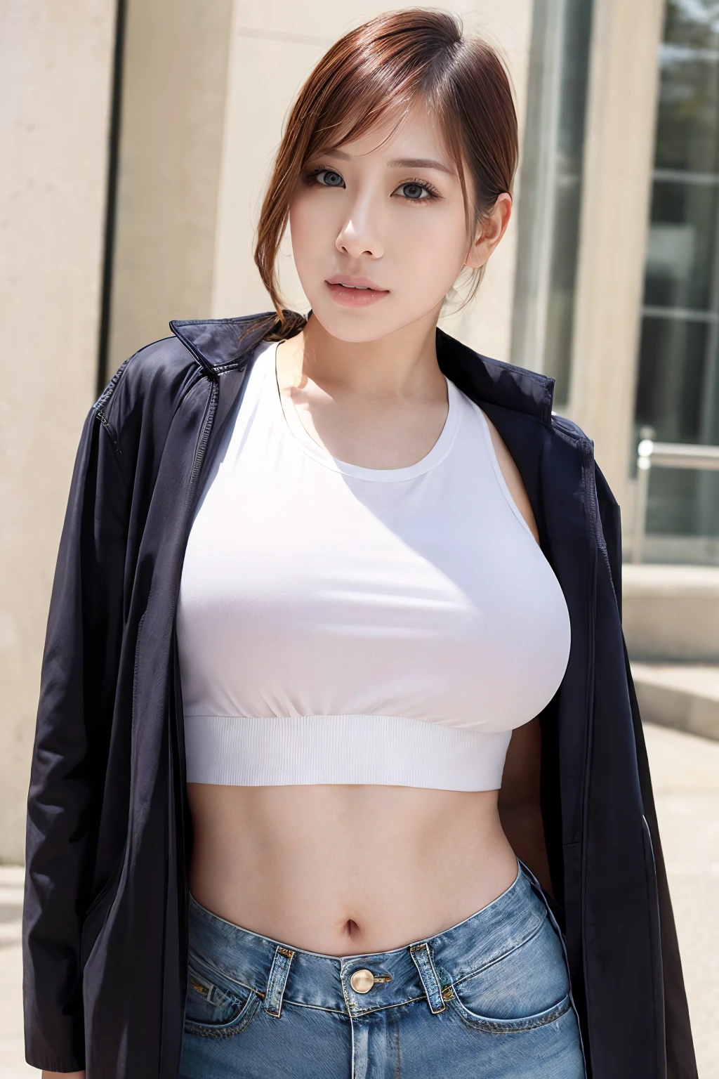 1girl, erikakitagawa_jav, breasts, brown hair, brown eyes, <lora:JAV_erika_kitagawa_v1-000005:1.0>
dynamite lighting, attractive body, looking at viewer, from front, standing, wearing white crop top, jacket, denim skirt,
detailed face, detailed body, perfect human body,
(ultimate quality, masterpiece, highres:1.0), (photorealistic, realistic:1.9),