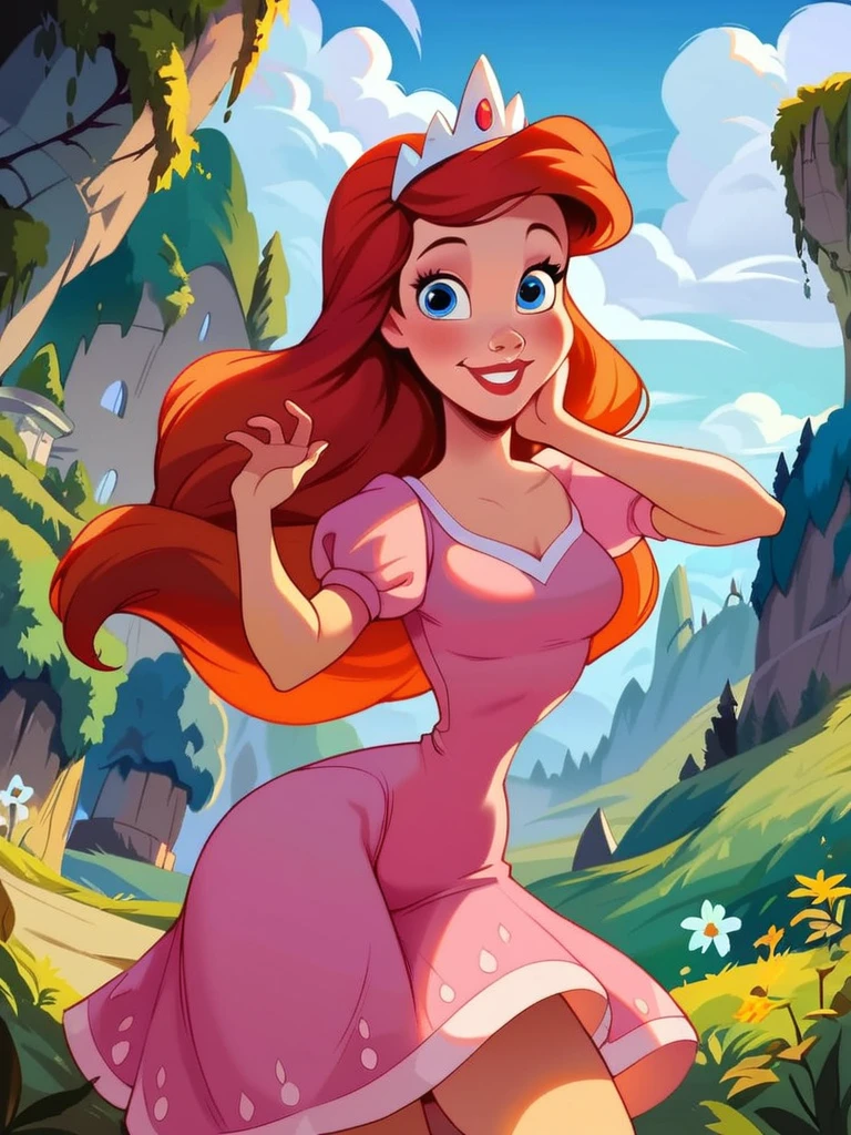 score_9, score_8_up, score_7_up, score_6_up, ArielWaifu walking in a castle, hills, vegetation, leaning forward, cute pose, medium breasts, narrow waist, wide hips, thick thighs, smile, blue eyes, pink dress, tiara, red long hair, disney style, looking at viewer, cute, detailed landscape, cowboy shot, cartoon, 4k, masterpiece,
<lora:ArielPonyXL_character-08:0.7> <lora:PAINTED_ANIMATION_ART-STYLEV3:0.2>