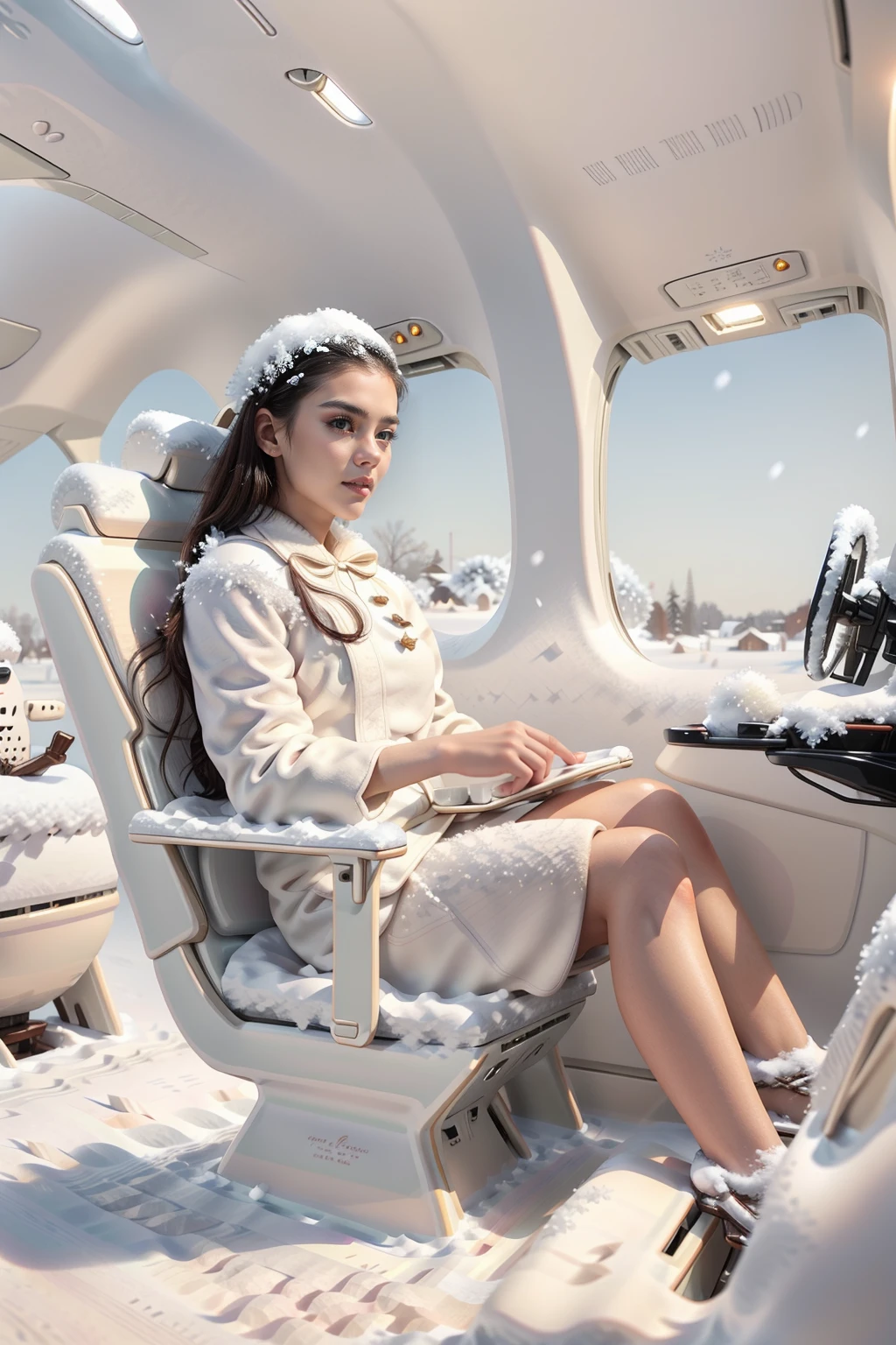 <lora:SnowAndCeramicWorld:1.1> (SnowAndCeramicWorld:1.1) hostess inside airplane,