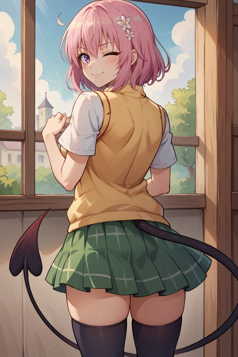 score_9, score_8_up, source_anime, BREAK 1girl <lora:tlrmomo-pdxl-nvwls-v1-000007:1> tlrmomo, pink hair, hair flower, yellow sweater vest, white shirt, short sleeves, green miniskirt, black thighhighs, demon tail, from behind, looking at viewer, smirk, wink, windowsill