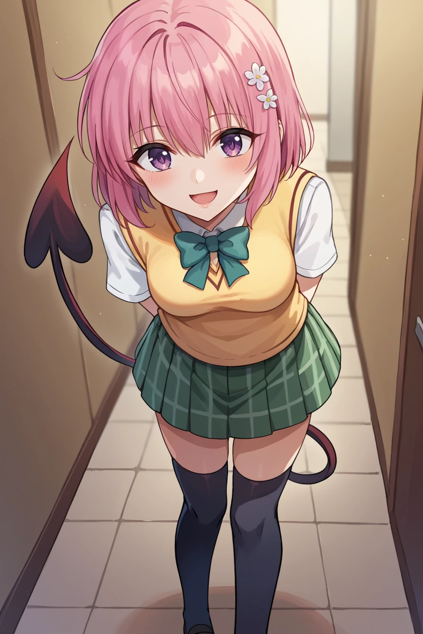 score_9, score_8_up, source_anime, BREAK 1girl tlrmomo, pink hair, hair flower, green bowtie, yellow sweater vest, white shirt, short sleeves, green miniskirt, black thighhighs, demon tail, smile, open mouth, looking at viewer, leaning forward, hallway, standing, furrowed brow, arms behind back, closed mouth