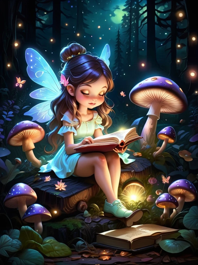 A charming scene of a tiny, magical fairy reading a book atop a mushroom in the moonlight, surrounded by glowing fireflies and enchanted forest details.