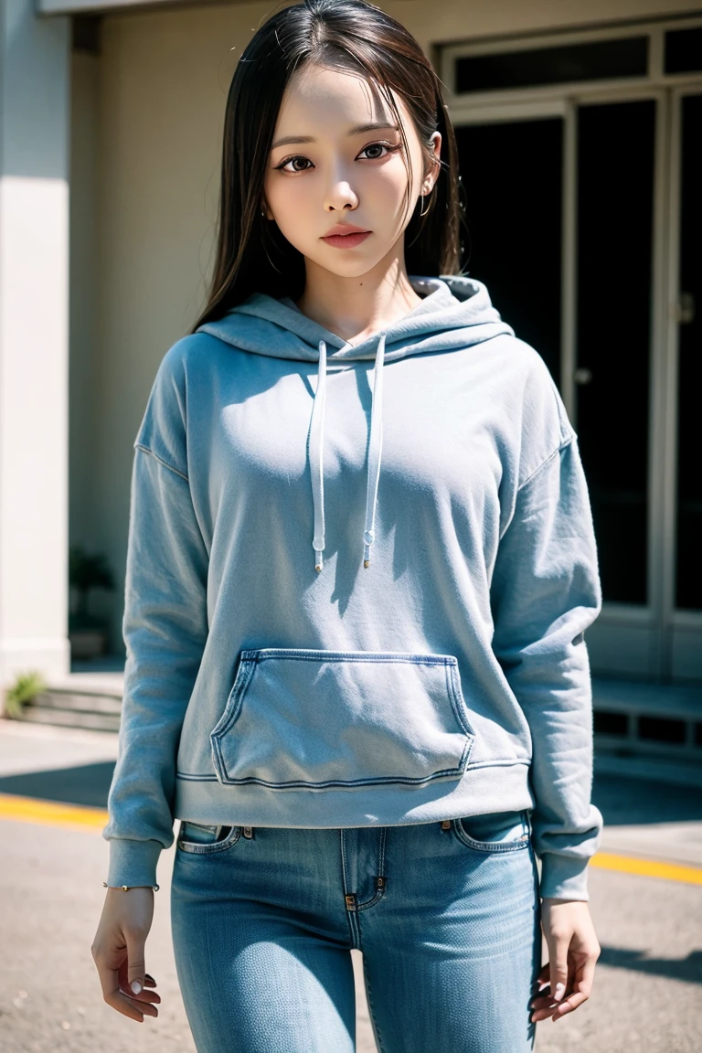 detailed face, cute face,brown eye, master piece , best quality , highly detailed , (matured female) , hand in pocket , hoodie , short denim , smile , japanese
