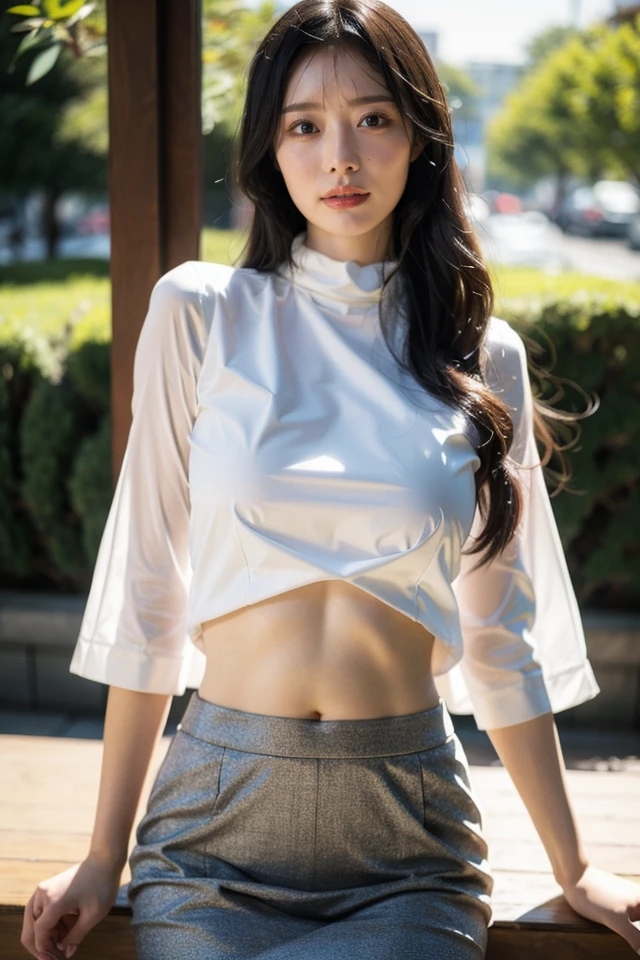 raytracing, absurdres, ultra detailed, 8k raw, a woman in a navy and white costume,eyes,nose,lips, a colorized photo,1girl,petite,clothes lift, braless, covered nipples, earrings, jewelry, realistic, dynamic hair, skirt, (cg unity, unreal engine, dynamic weather, dynamic lighting, dynamic background, dynamic pose), shirtlift, skirtlift <lora:Viz1:0.7>