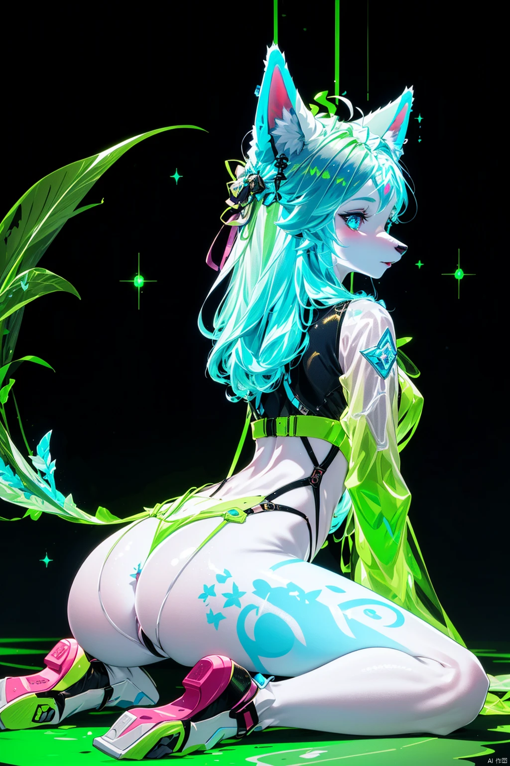 half furry,animal ears,furry:1.3, extremely delicate iridiscent a woman made of Translucent glowing glass, translucent, tiny golden accents, beautifully and intricately detailed, ethereal glow, whimsical, art by Mschiffer, best quality, glass art, magical holographic glow, half furry, FURRY,simple background,in the dark,sitting on bed,from_behind,catt ail<lora:EMS-309277-EMS:0.800000>
