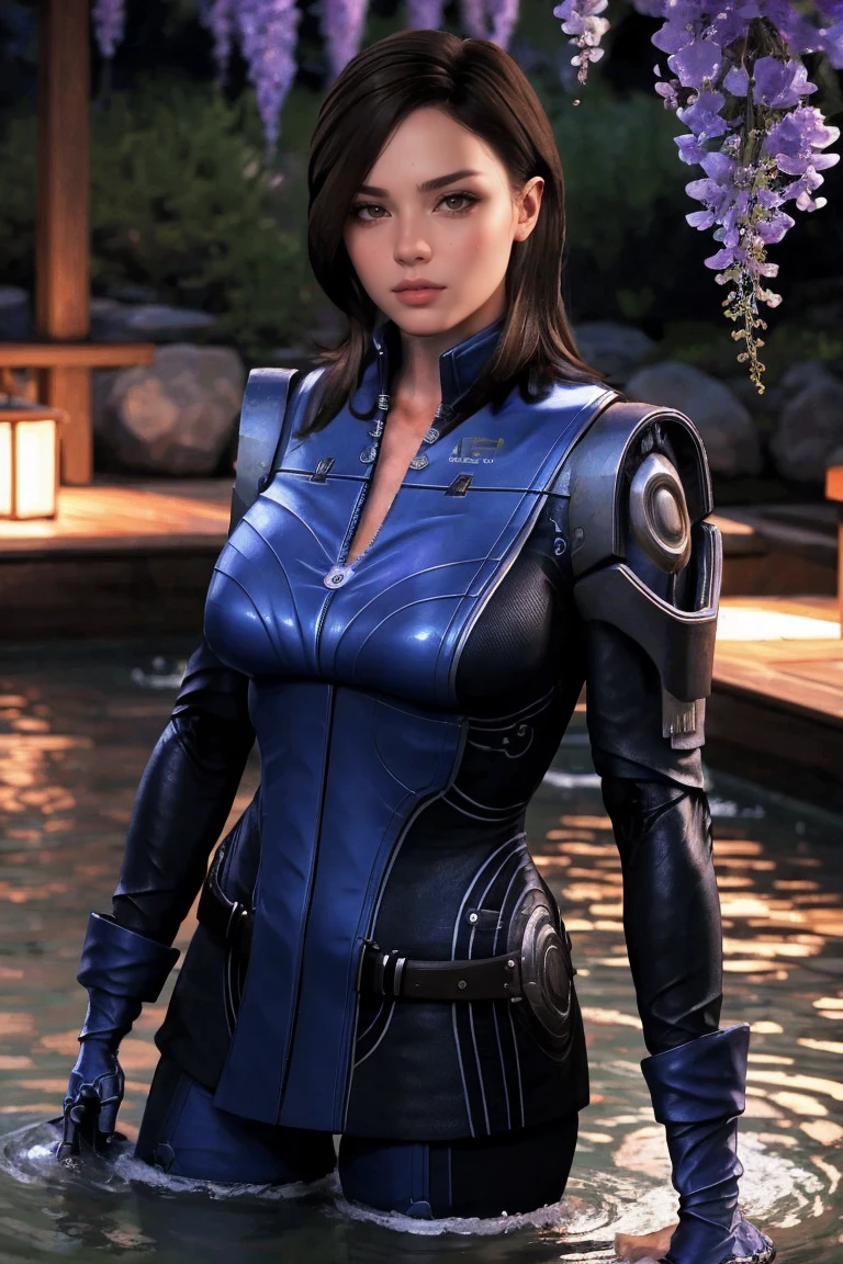 masterpiece, best quality, high quality, highres, wading,looking at viewer,solo,water, sunset, onsen, wisteria,moody lighting, BREAK, 
GAME_MassEffect_Ashley_ownwaifu, www.ownwaifu.com, 
1girl, long hair, lips,  breasts, black hair, brown eyes, nose, hair over one eye,large breasts,  collarbone, makeup,  bangs, thighs, 
bodysuit,gloves, jacket, uniform,  cleavage, shoulder pads, zipper, emblem, military,skin tight, blue bodysuit, holster, pilot suit, 
<lora:GAME_MassEffect_Ashley_ownwaifu-15:1>