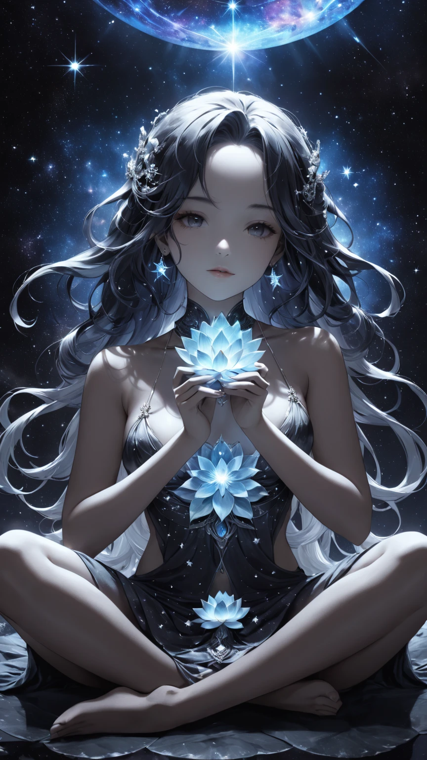 ethereal cosmic goddess, galaxy hair, Sexy, meditating in lotus position, highly detailed face, intricate stars and nebulae in the background, Cinematic, mysterious, beautiful, peaceful, A heavenly masterpiece, in the style of nicola samori