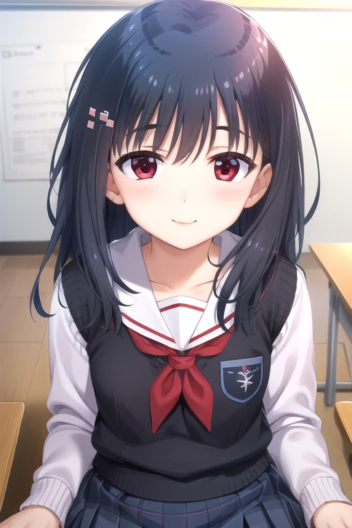 ((masterpiece)),(best quality),official art,extremely detailed CG,unity 8k wallpaper,ultra detailed,beautiful detailed eyes,extremely detailed face,classroom,1girl,solo,upper body,(portrait:1.5),looking at viewer,facing viewer,(petite:1.2),smile,Onami Akane,long hair,black hair,hair ornament,red eyes,sweater vest,serafuku,white shirt,long sleeve shirt,red neckerchief,small breasts,blue skirt,pleated skirt,plaid skirt,black pantyhose,loafers,<lora:Onami Akane(oazgs)>,