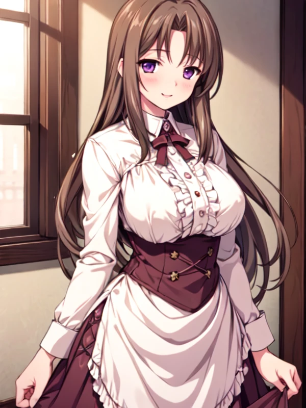 best quality,masterpiece,detailed face, uncensored, 1girl, solo focus, smile, blush, solo, in room, standing, window, breasts up
<lora:Alfina_rg_1:0.8> alfina_rg, light brown hair, long hair, forehead, purple eyes, large breasts mature female, long skirt