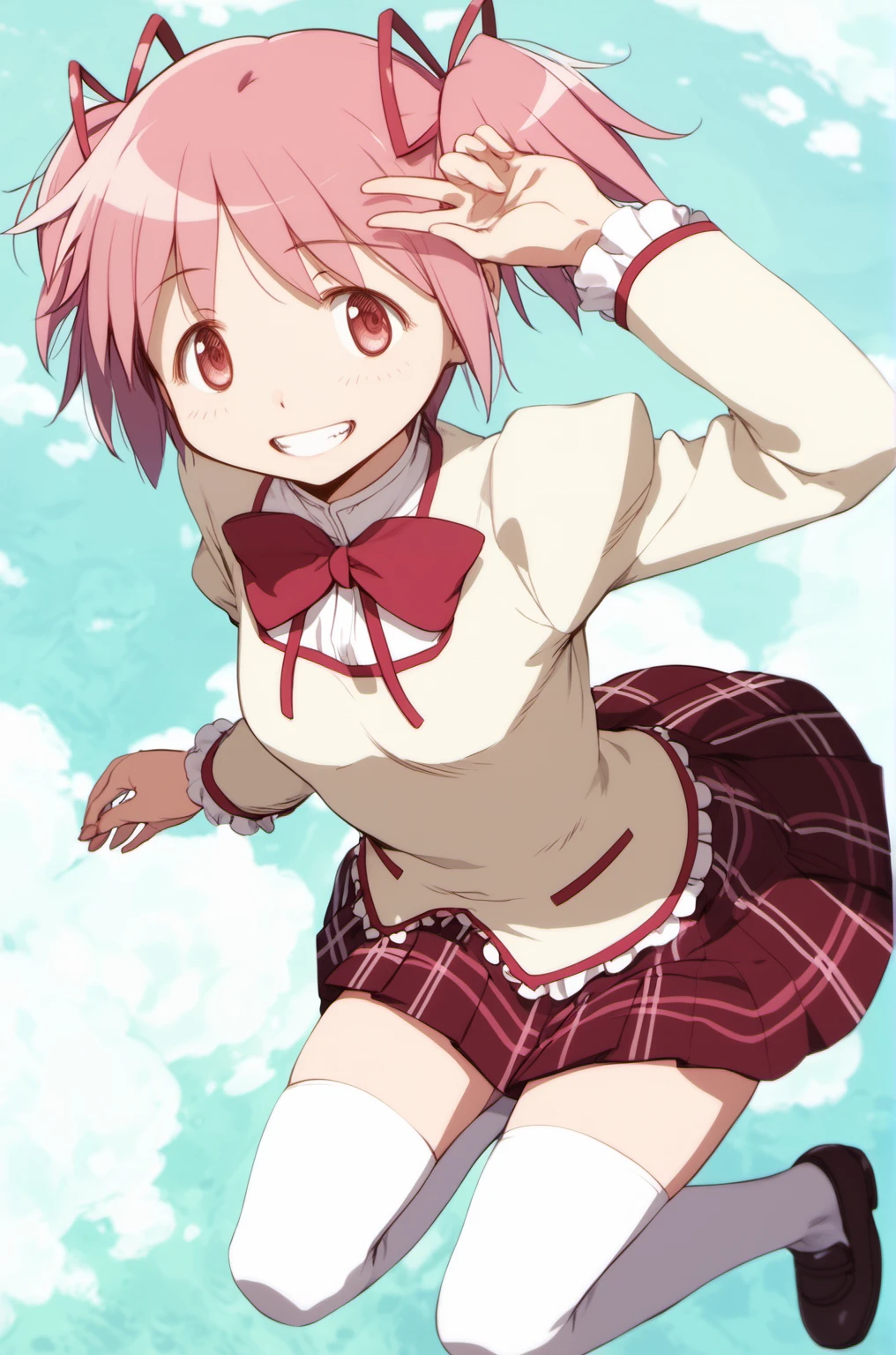 masterpiece,1girl,outdoor,pink hair,short hair,red eyes,serafuku,(skirt lift:1.4),panty peek,grin,looking skirt