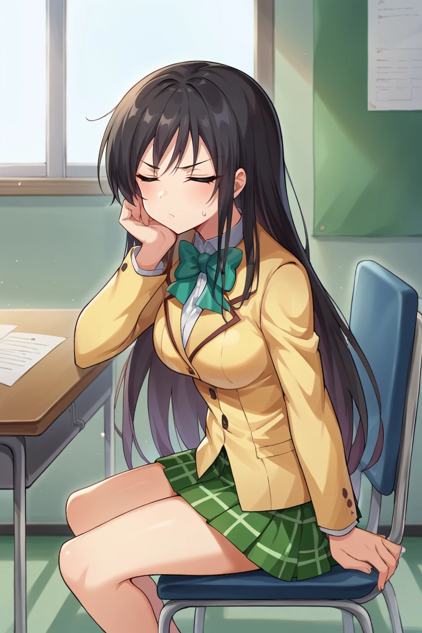 score_9, score_8_up, score_7_up, source_anime BREAK 1girl, cowboy shot, solo, looking to the side,
  <lora:KagariAyakaDwnsty:0.9>, kagariwitch, black hair, green eyes, long hair, ahoge, school uniform, sweater vest, necktie, skirt, black thighhighs, 
large breasts, lips, expressionless,  skindentation, 
indoors, classroom, sitting, on chair, chair, breasts on table, head rest, arm support, hand on own cheek, head tilt, bored,