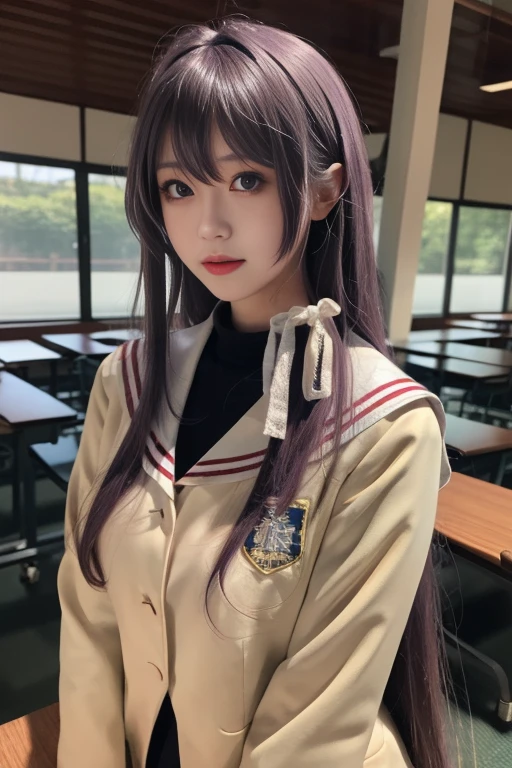 ltra-detailed,highly detailed,best quality,masterpiece,illustration,realistic,photorealistic,
fujibayashi kyou, hikarizaka private high school uniform,
1girl, solo, cosplay,
looking at viewer, upper body,
<lora:fujibayashi kyou_v1_05:0.7>
