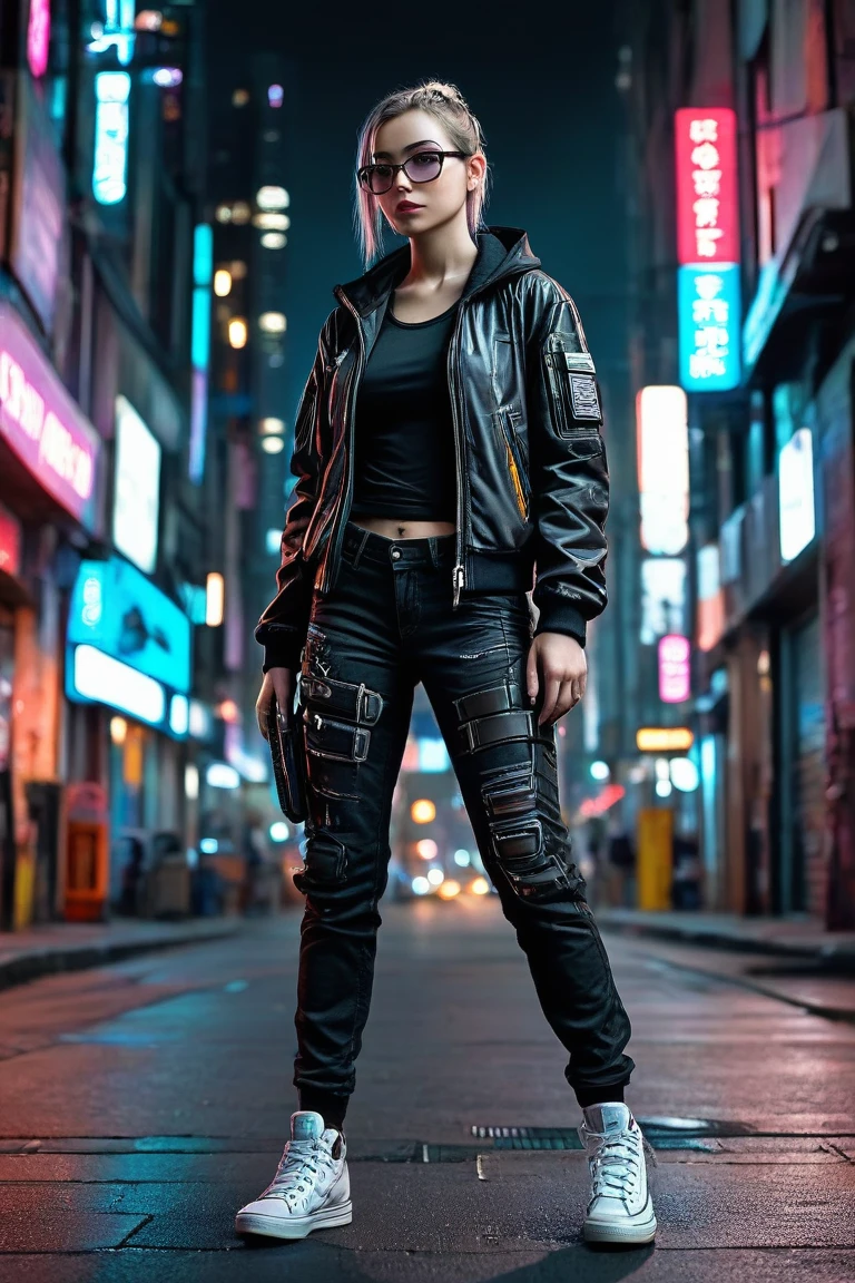 Techwear fashion cyberpunk girl with a passion for hacking, dressed in a nerdy outfit, prowling the neon-lit streets at night, in search of her next target, athletic, quick mind, sharp wit, she's not afraid to take risks to get what she wants, as she moves through the dark and foreboding street, constantly aware of the dangers lurking around every corner, wearing jeans graphic t-shirt and jacket, converse sneakers, dark thick frame glasses, . Futuristic, cyberpunk, urban, tactical, sleek, dark, highly detailed