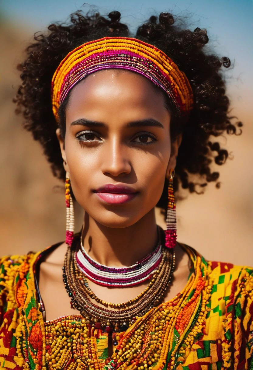 ((Raw Analog Color Photo)), (full body in frame, head to toe in frame), (best quality, high quality, sharp focus:1.4), looking at the viewer, best quality, realistic, masterpiece, feminine, beautiful face, beautiful eyes, small nose, big natural lips, Aesthetically_Pleasant_Woman, Pleasant:DarkTone, Ethiopian Woman, slim body, hourglass figure, ((film grain, skin details, high detailed skin texture, 8k hdr, dslr)), 1woman, perfect eyes, (Wearing Traditional Ethiopian Dress, Curly hair)