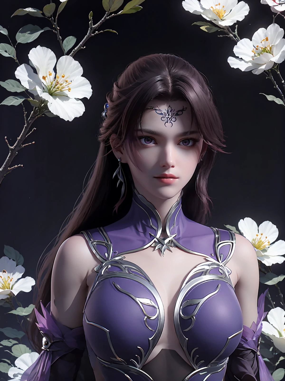 <lora:jmai_20240310174501-000009-06:0.6>,(stand:1.3),upper_body,purple eyes,purple element,purple_dress,front lighting,sunshine shining on the face,simple background,white flowers,hide your hands,hide your hands behind your back,(tindar light:1.3),<lora:Xian-Tæé¨ä¿®å¤lora_v3.0:1>,