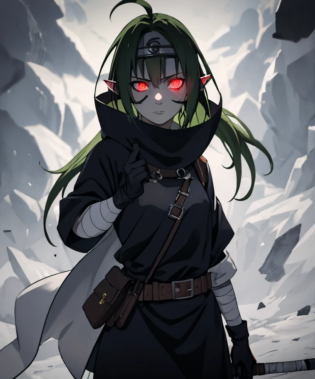 uchiha,gavial,1girl,green hair,pointy ears,black hair,headband,glowing,glowing eyes,glowing eye,(forehead protector:1.1),konohagakure symbol,symbol-shaped pupils,sheath,high collar,bandages,pale skin,black gloves,expressionless,solo,cowboy shot,<lora:uchiha_style-10:1.3>,<lora:Gavial:0.8>,