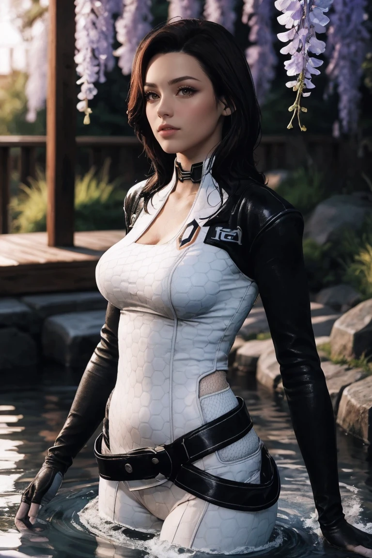 masterpiece, best quality, high quality, highres, wading,looking at viewer,solo,water, sunset, onsen, wisteria,moody lighting, BREAK, 
GAME_MassEffect_Miranda_ownwaifu, www.ownwaifu.com, 
1girl, black hair, breasts, long hair, lips, black eyes, blue eyes, large breasts,  makeup, nose, brown hair, collar, lipstick,  black collar, 
bodysuit, choker, jacket, belt, fishnets, cleavage,gloves, fishnet legwear, fingerless gloves,fishnet bodysuit, spacesuit,white bodysuit, cropped jacket, holster, long sleeves, leather jacket, skin tight, 
<lora:GAME_MassEffect_Miranda_ownwaifu-15:0.7>