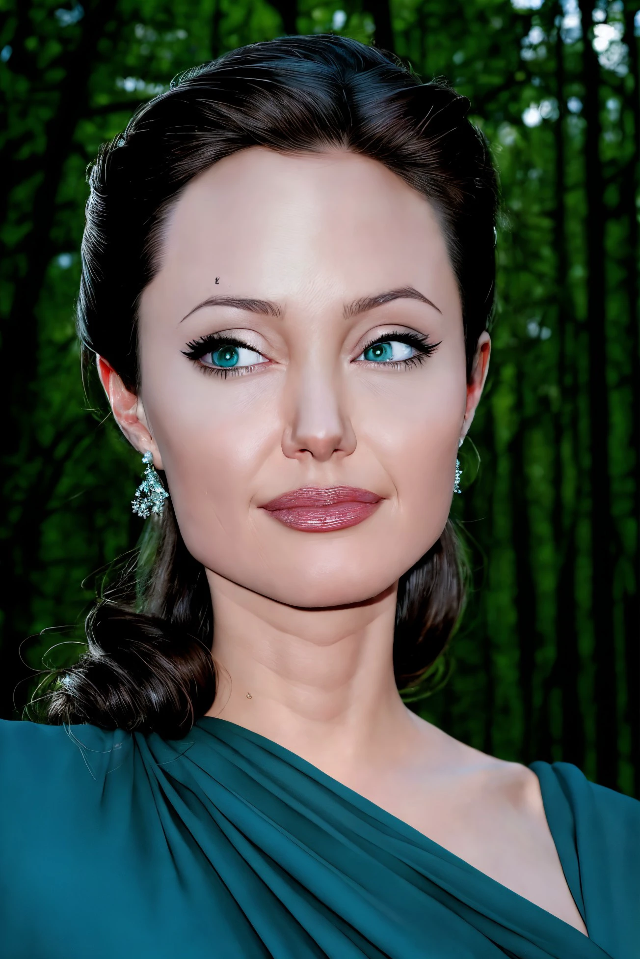 Angelina Jolie closeup, 1950s,  beautiful,  closeup, upper body, 
,macro photography,
colossal,
Teal modest dress, 
 highres, detailed, well dressed, 
Moonlit forest clearing and ethereal glow at the background, best quality, masterpiece,   
<lora:Angelina:0.70>