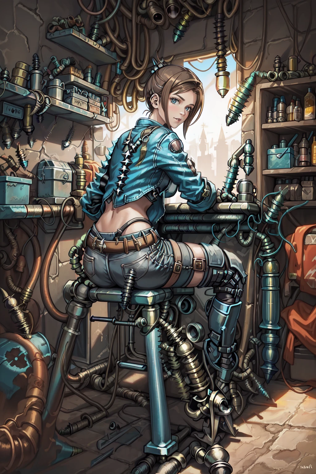 Dirty female elf mechanic, 1girll, (Solo:1.5), Full body shot,, Wear only one overalls,, Blue eyes ,Slim figure,Large breasts, Glasses, Hair combed into a messy bun,Golden hair,slimfigure,rimless eyewears,Covered in oil,Dimly lit room。A pink-haired