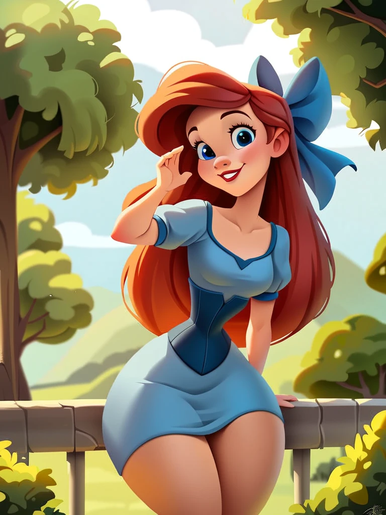 score_9, score_8_up, score_7_up, score_6_up, ArielWaifu walking in a castle, hills, vegetation, leaning forward, cute pose, medium breasts, narrow waist, wide hips, thick thighs, smile, blue eyes, blue dress, hair ribbon, corset, red long hair, disney style, looking at viewer, cute, detailed landscape, cowboy shot, cartoon, 4k, masterpiece,
<lora:ArielPonyXL_character-08:0.7> <lora:SamaritanEsdxl:0.65>