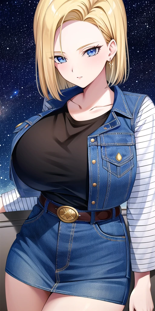 <lora:Lazuli18gouV1:0.7> lazuli18gou, huge_breasts, standing, solo, Black_shirt_striped_sleeves_long_sleeves_Denim_skirt_miniskirt_Belt,denim_vest, starry_sky,, masterpiece, best_quality, detailed_face, detailed_eyes, highres, beautiful, detailed, absurdres,