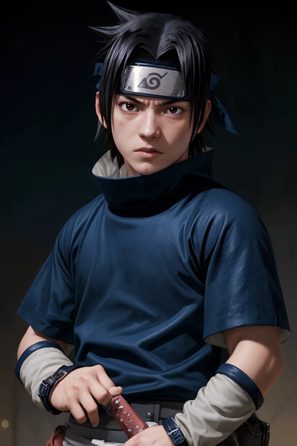 1kid, cinematic film still (best quality, masterpiece:1.2), photorealistic, ultra high res, front lighting, intricate detail, Exquisite details and textures, s4suk3, 1boy,spiked hair, (forehead protector), (headband), weapon, short sleeves, sword, ninja, high collar, (konohagakure symbol), short hair, sheathed, holding, japanese clothes, looking at viewer, detailed face, professional lighting, photon mapping, radiosity, physically-based rendering, . shallow depth of field, vignette, highly detailed, high budget, bokeh, cinemascope, epic, gorgeous, film grain, grainy, Sasuke, Genin, long hair, beatiful boy, red eyes, with a big star shuriken,uchiha sasuke<lora:EMS-179-EMS:0.700000>, <lora:EMS-257560-EMS:1.000000>